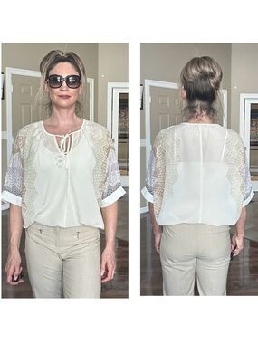 Madison Paige cream web sleeve bat wing front tie blouse semi sheer Sz L